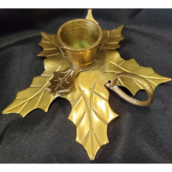 Vintage Brass Holly Leaf CHRISTMAS CANDLE HOLDER taper candlestick metal leaves - Picture 5 of 7